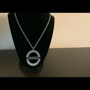 Silver Oval Jeweled/Leather Necklace